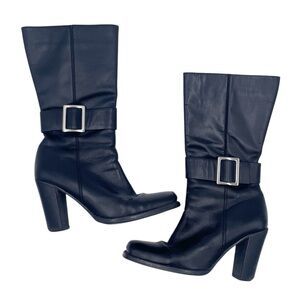 Vintage Y2K Black Leather Square Toe Buckle Strap Heeled Boots Size 9.5 Biker